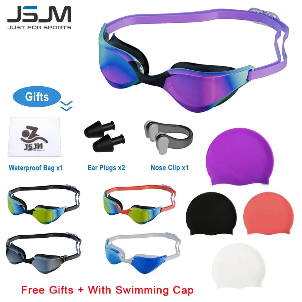 JSJM Nuovi Occhialini da Nuoto Professionali per Adulti Cuffia da Nuoto in Silicone Impermeabile Anti-Fog HD + Occhiali da Nuoto per Uomini e Donne Regali