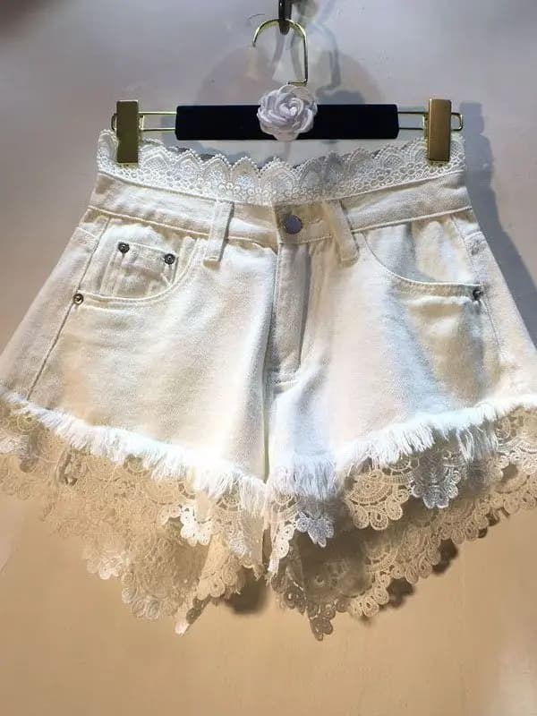 Shorts in denim a vita alta con inserti in pizzo, pantaloncini estivi da donna alla moda, hot pants snellenti, stile casual, pantaloni a gamba larga di marca coreana