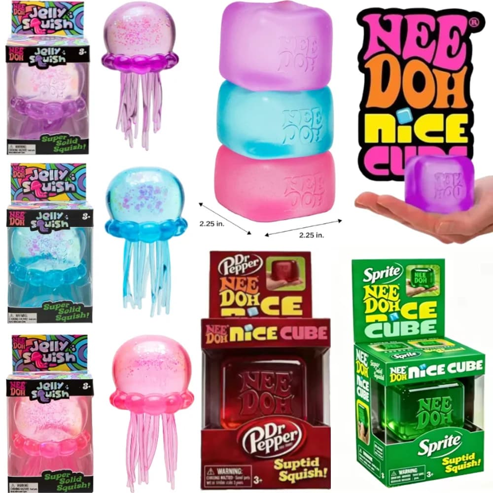 ↑HOT Trending Nee Doh Jellyfish & Cube Squish Toy, Soft Jelly Squeeze Stress Relief Fidget Toy, Sensory NeeDoh for Kids & Adults