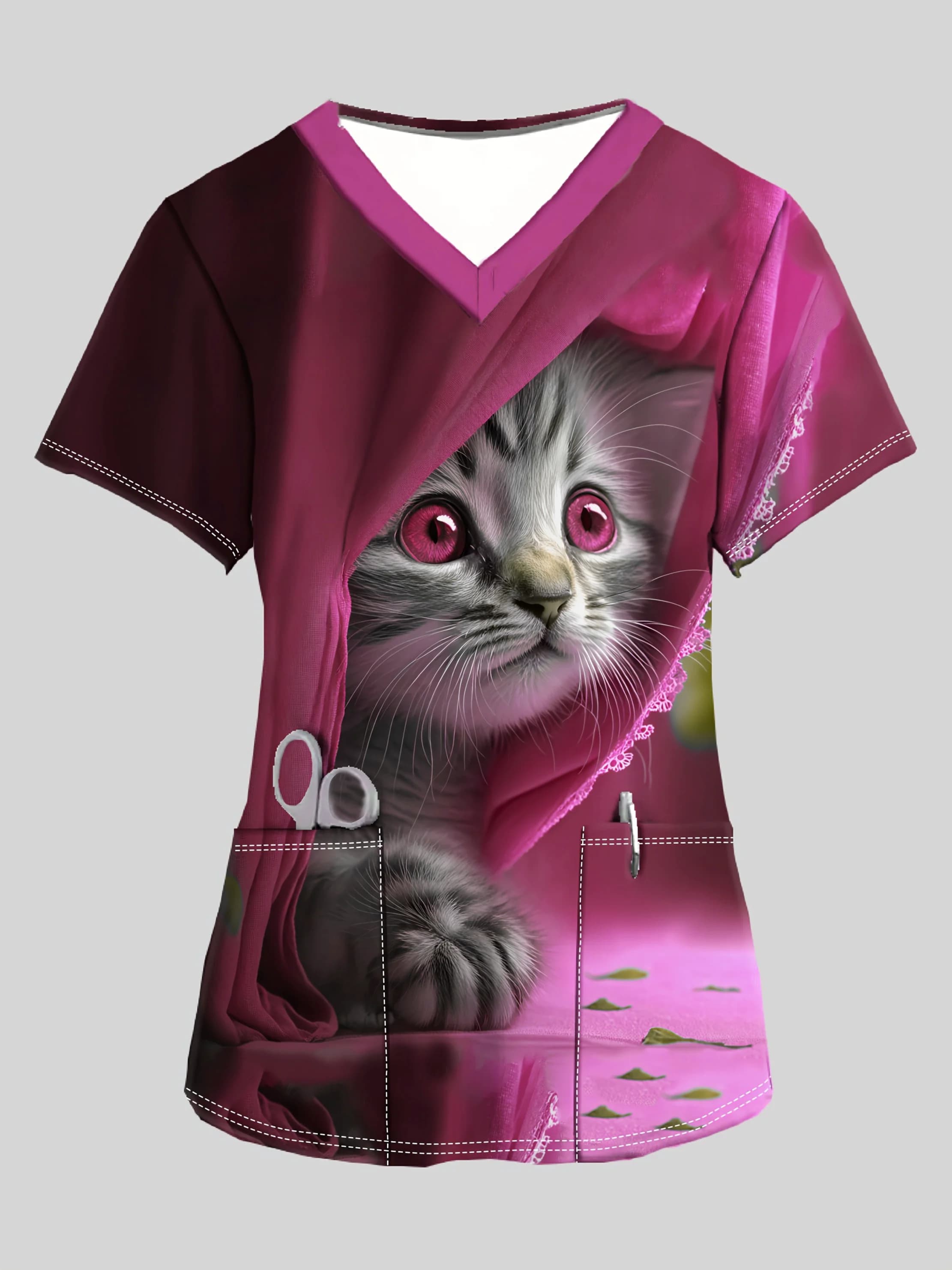 Abito chirurgico da donna con scollo a V, simpatico gatto stampato, top a maniche corte, in poliestere traspirante, uniforme da infermiera, abito chirurgico da infermiera