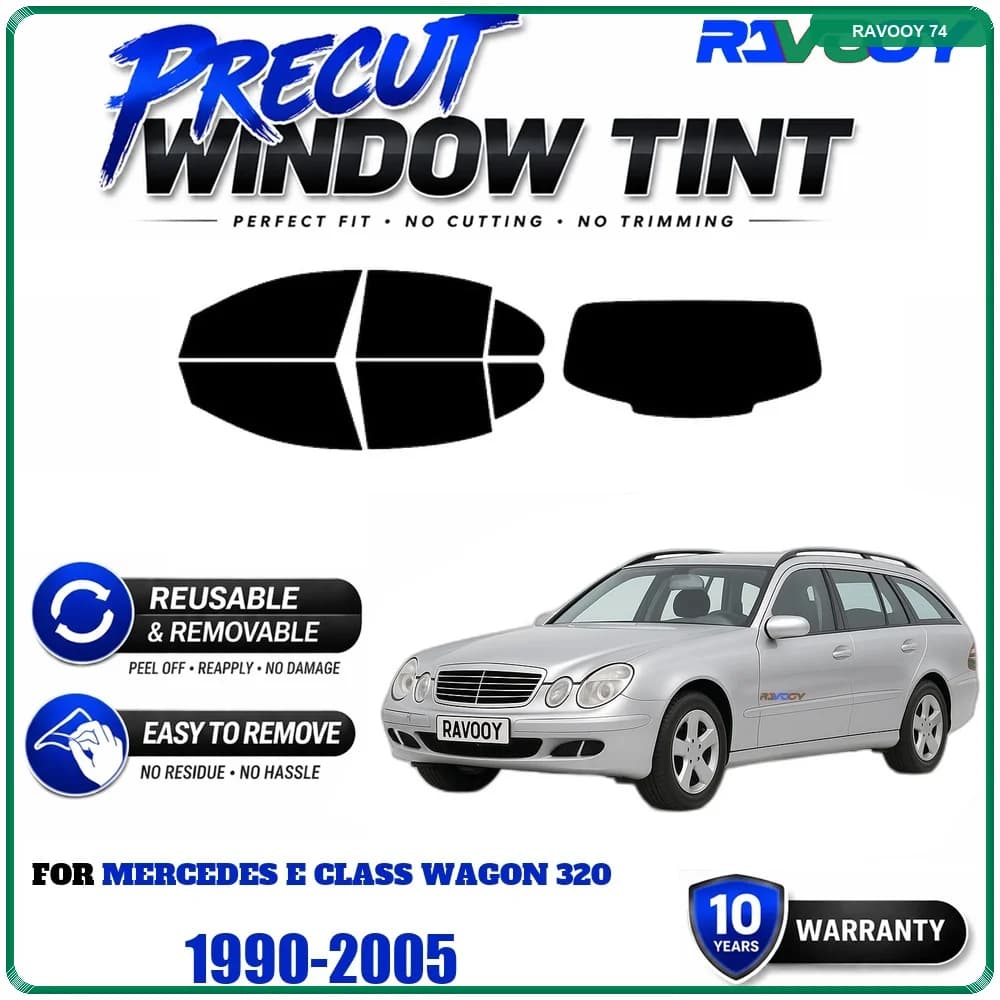 RAVOOY Precut Window Tint, Reusable Removable EPU Film, Custom Fit for Mercedes E Class Wagon 320 1990-2005, UV Heat Protection
