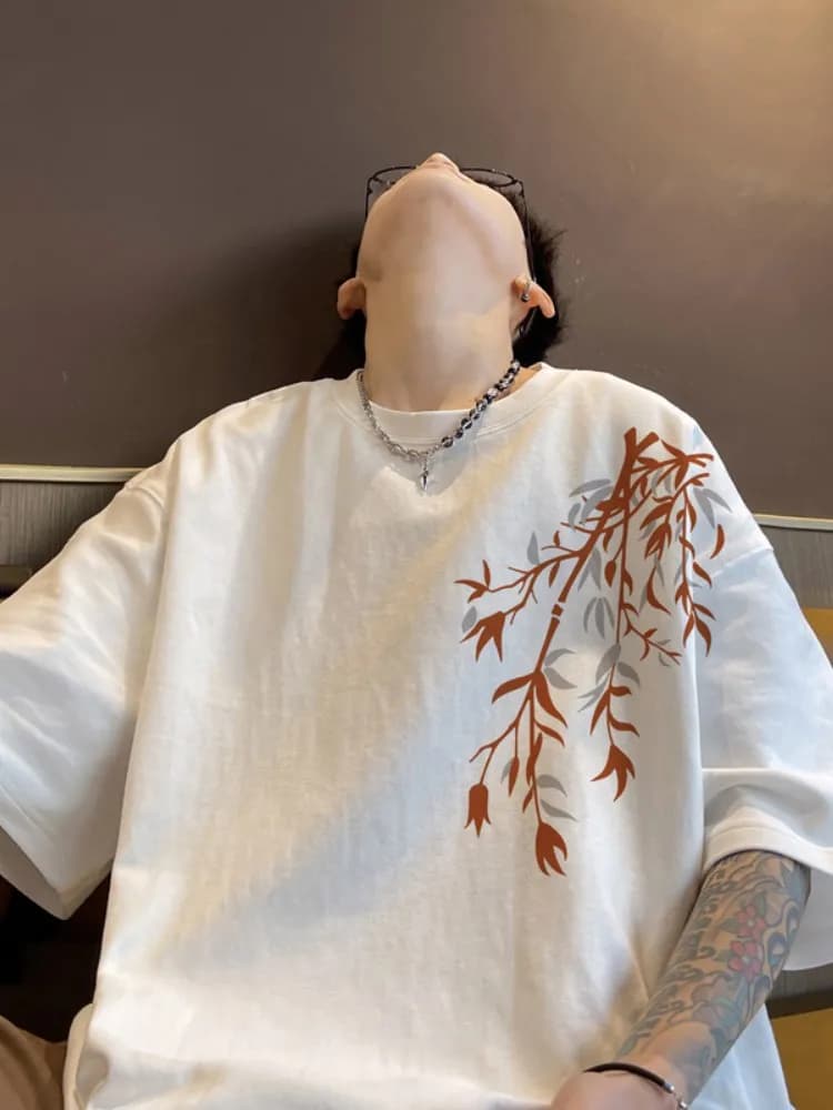 Nuova T-shirt in cotone stile cinese da uomo, pesante, a manica corta, estiva 2024, versatile, di tendenza, a manica a tre quarti