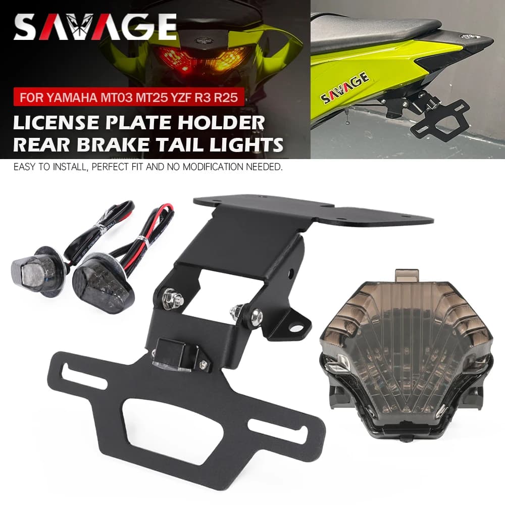 Portatarga regolabile per YAMAHA MT03 MT25 YZF R3 R25 Moto Coda Freno Luce di arresto Indicatore di direzione anteriore Luce a LED