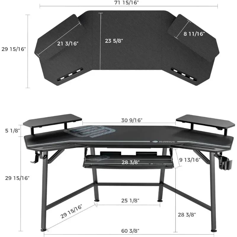 Scrivania da gioco Aero con luci a LED, scrivania da studio grande a forma di ala da 72 pollici con vassoio per tastiera, supporto per monitor, doppio headphon