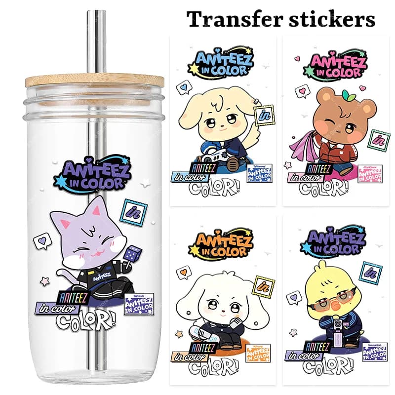 Cartoon Cute Transfer Sticker Anime ATEEZS Crystal Self-adhesive Label Decal Kpop Style Pattern DIY Water Bottle Decor Stickers