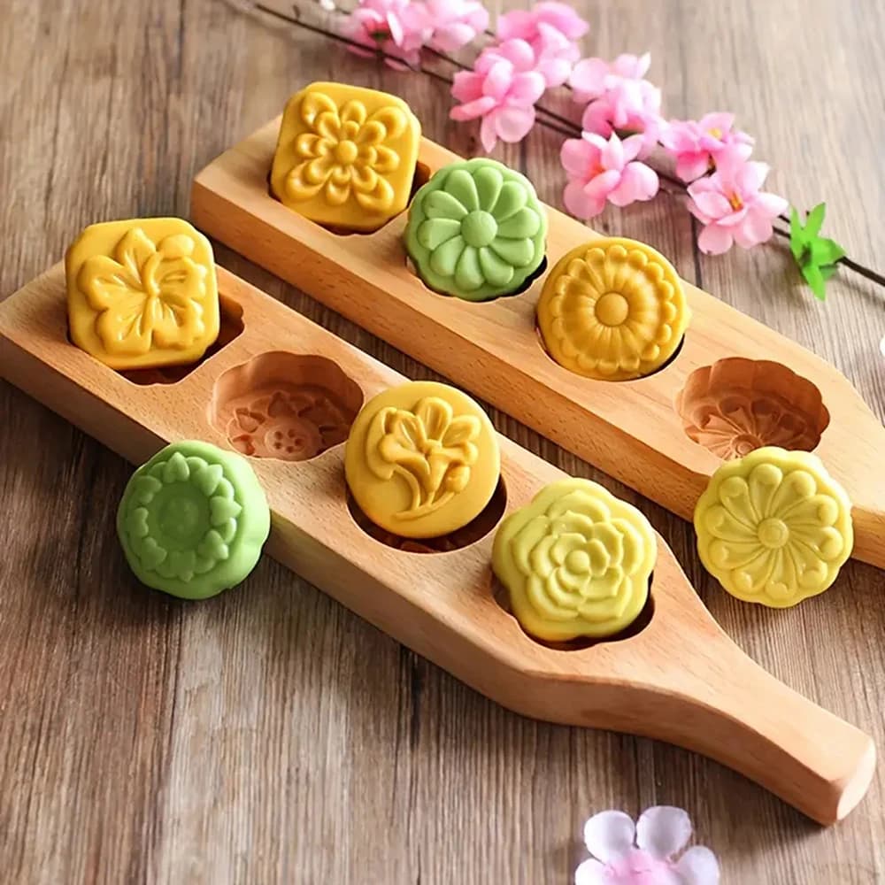 Muold Mooncake a 4 fori, stampo da forno in legno antiaderente, modello torta dessert, stampa di pasticceria con pelle di ghiaccio Strumento per cuocere la torta lunare