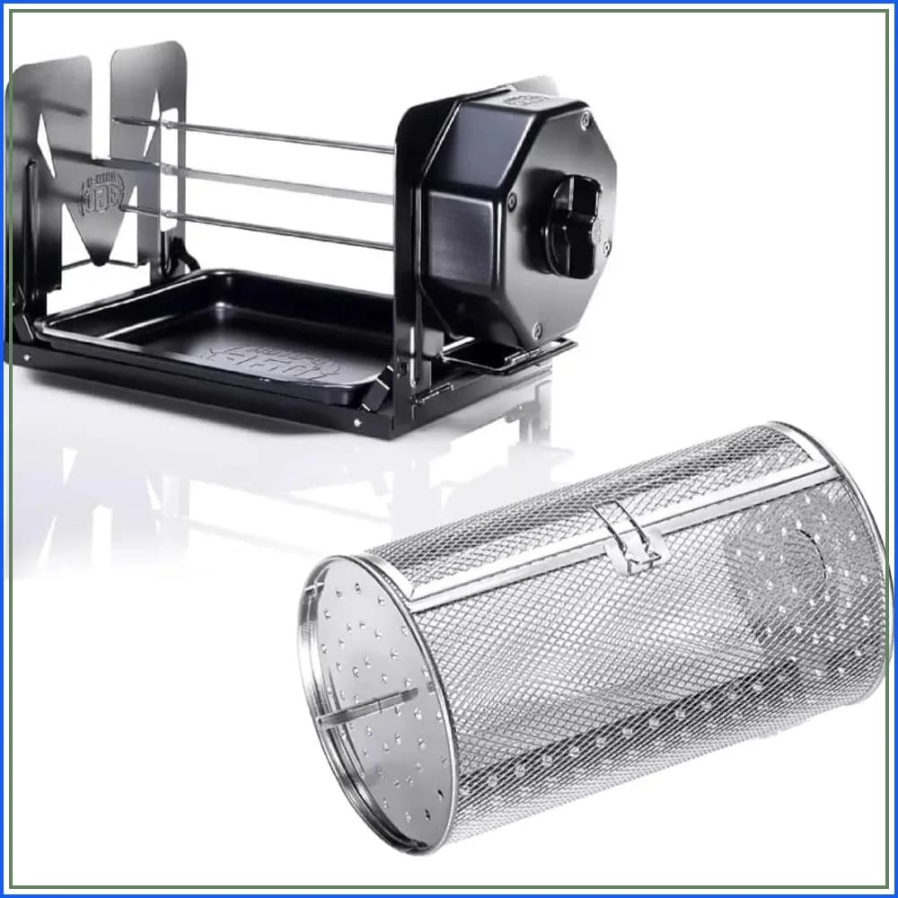 360 Cordless Rotisserie Kit with Tumble Basket - Stainless Steel, Non-Electric - For Grills, Ovens, Smokers - Gas/Charcoal BBQ, Kamado Joe, Green Egg, Kettle - Indoor/Outdoor Use