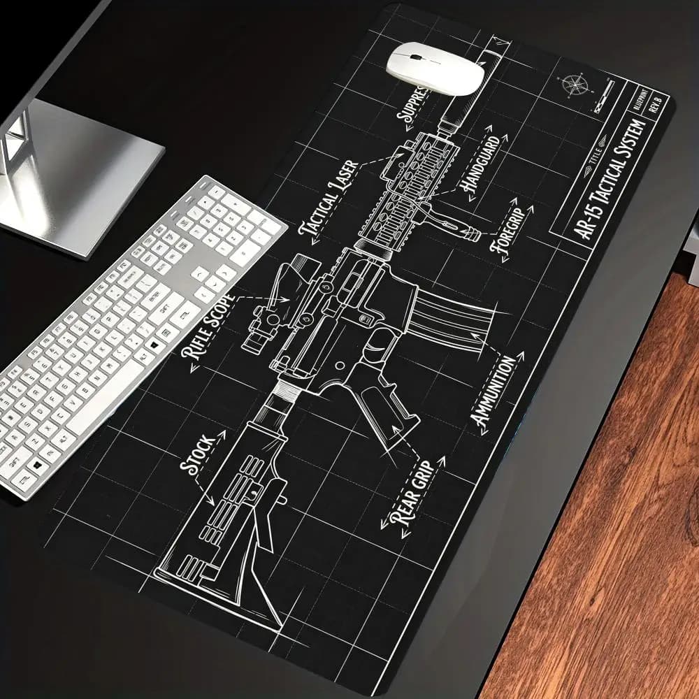 HYBXAXC Tactical Blueprint Gaming Desk Mat, Mouse Pad, Gun Schematic Deskpad, Non-Slip ,Cute Extended Gaming Keyboard Mats Gamer