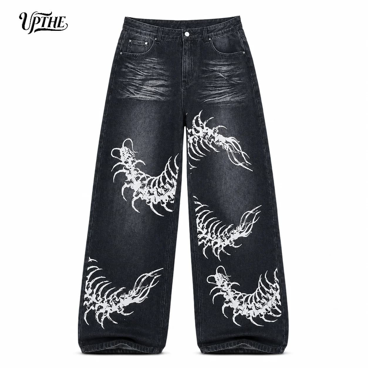 UP.THE Men Black Faded Baggy Wide Leg Jeans, Y2K Oversized Loose White Centipede Skeleton Print Denim Pants, Gothic Grunge Streetwear Trousers for Daily Outfits