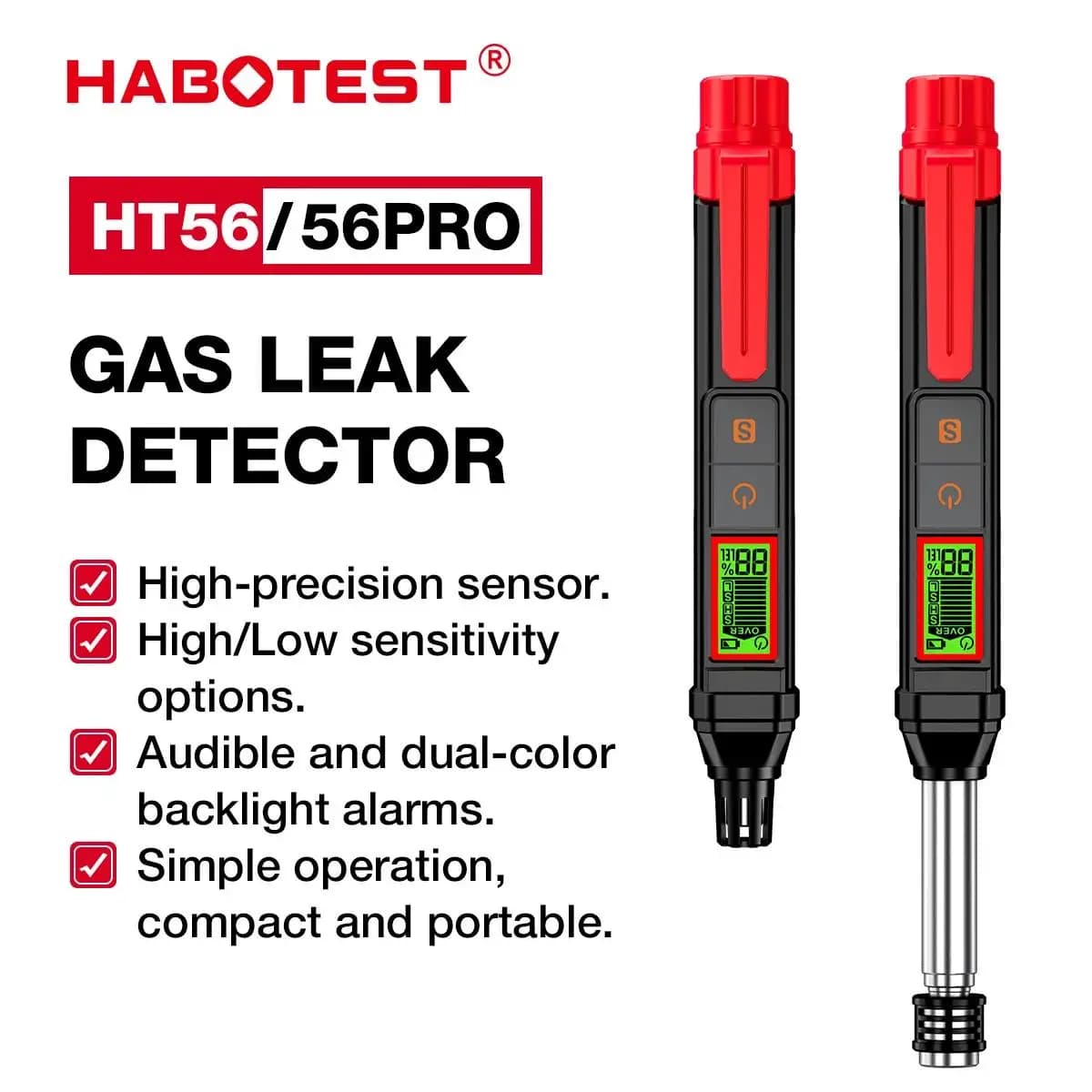 HABOTEST HT56 Rilevatore di fughe di gas combustibile 100-1000PPM Rilevatore di gas naturale portatile flessibile con allarme acustico e visivo