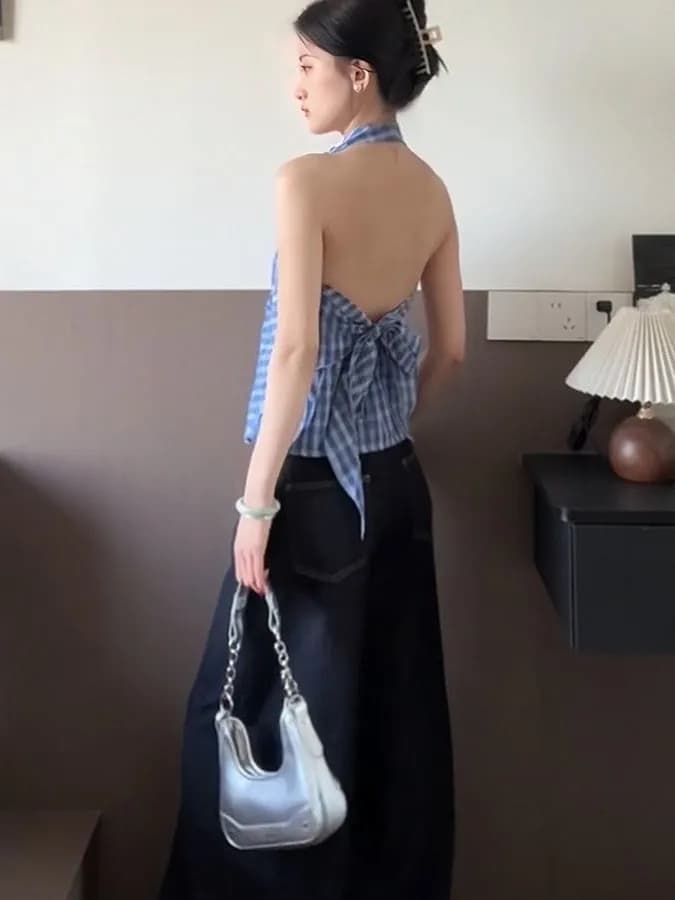 Top a Canotta Sexy a Quadri Senza Schienale da Donna, Estivo, Modellante, con Spalline, Stile Coreano, Scollo a V, Senza Maniche, Effetto Sottile, per il Lavoro
