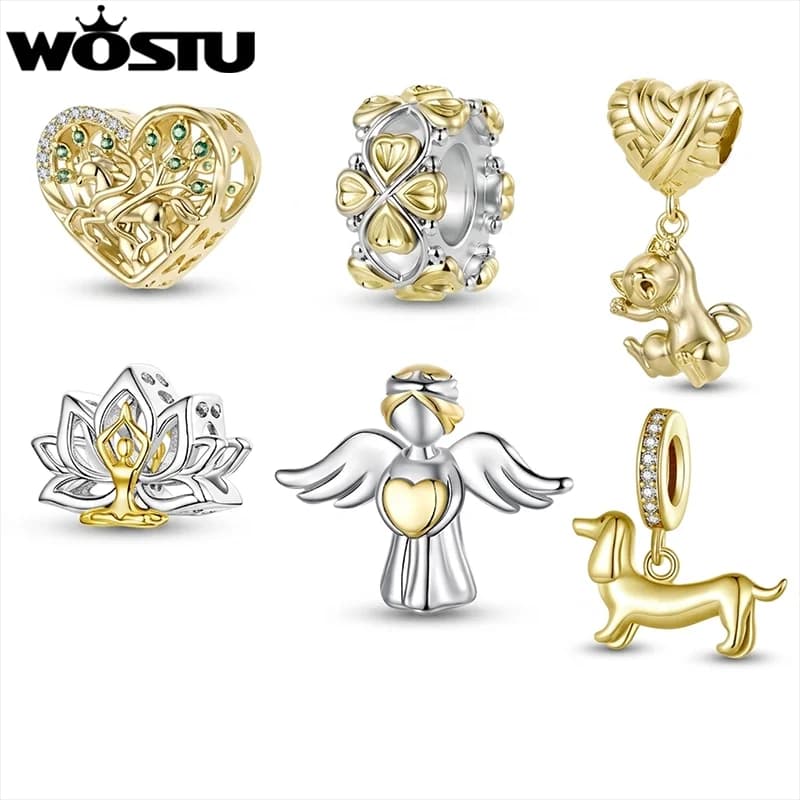 WOSTU Ciondoli e Perline Distanziatrici in Silicone Placcati Oro 14K: Albero della Vita, Cavallo, Trifoglio, Cuore, Gatto, Palloncino - Ideali per Bracciali e Collane Fai da Te