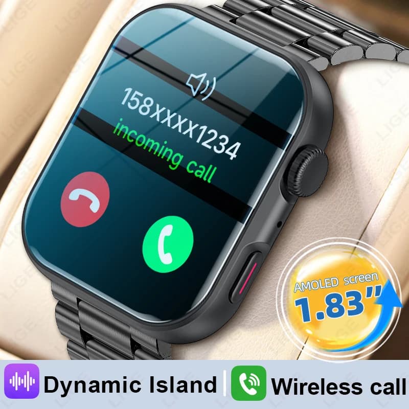 LIGE Smart Watch 1.83" HD IPS AMOLED Screen Waterproof Multiple Sports Modes Fitness Tracker Wireless Calling smartwatch for men