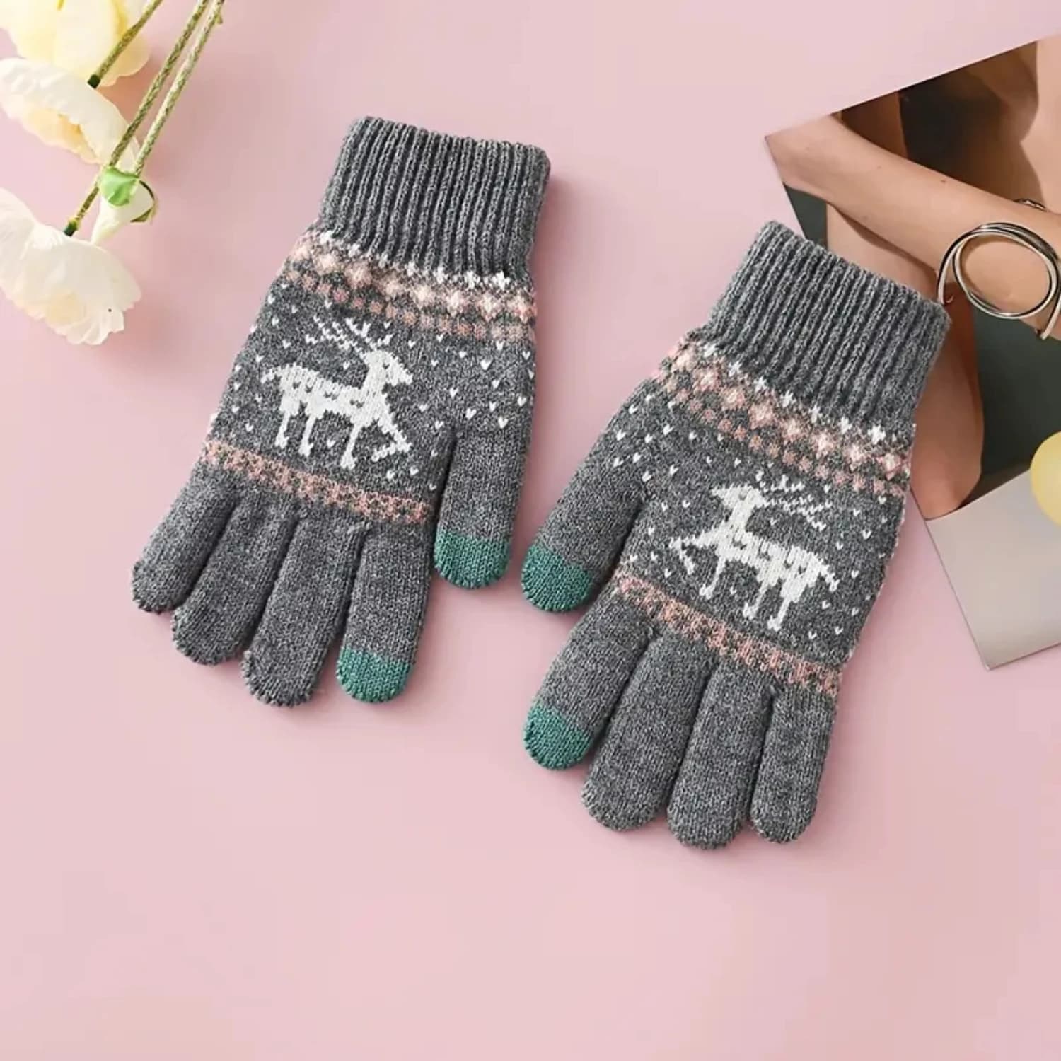 Guanti touch screen in pile ispessito da uomo eleganti e accoglienti con motivo a cervo, guanto a prova di freddo con linea lavorata a maglia calda e alla moda
