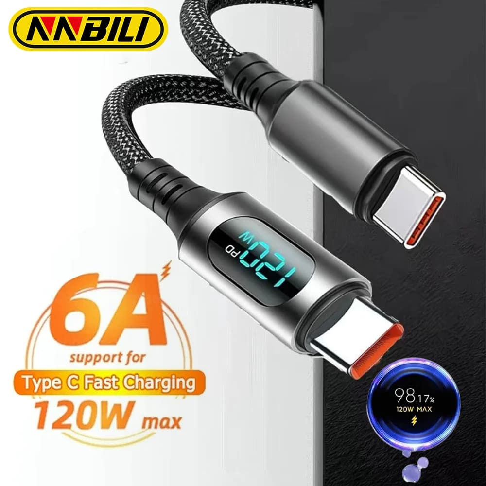 NNBILI 120W USB C to Type C With Digital Display Super Fast Charge USBA to Type C 6A Cable For Xiaomi Huawei Samsung S26 Oneplus