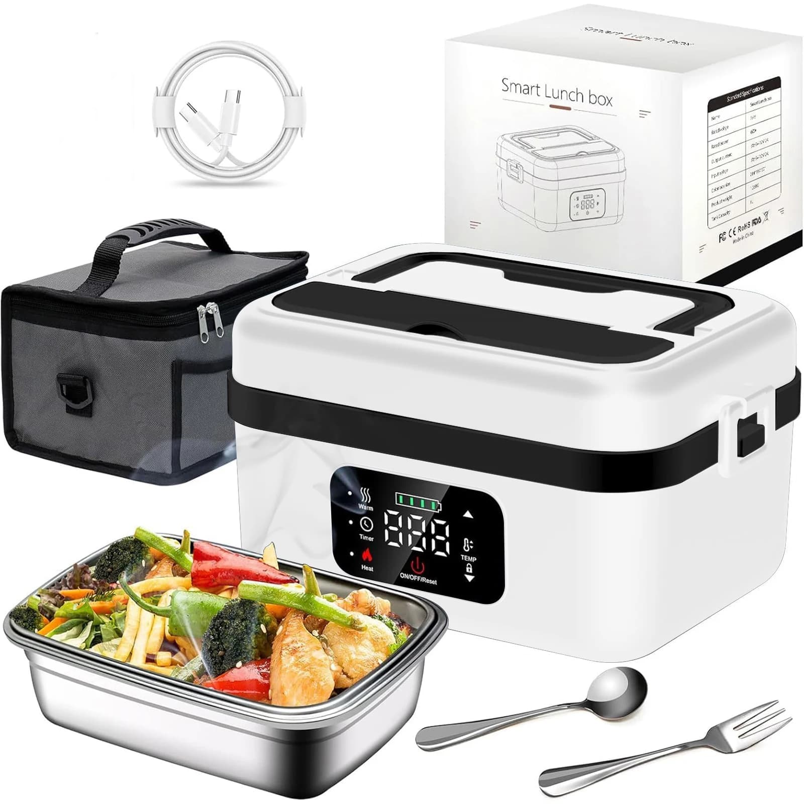 Lunch Box con riscaldamento automatico con timer ricaricabile da 8000 mAh, scaldavivande portatile da 1 litro con forchetta e cucchiaio e borsa da trasporto isolata