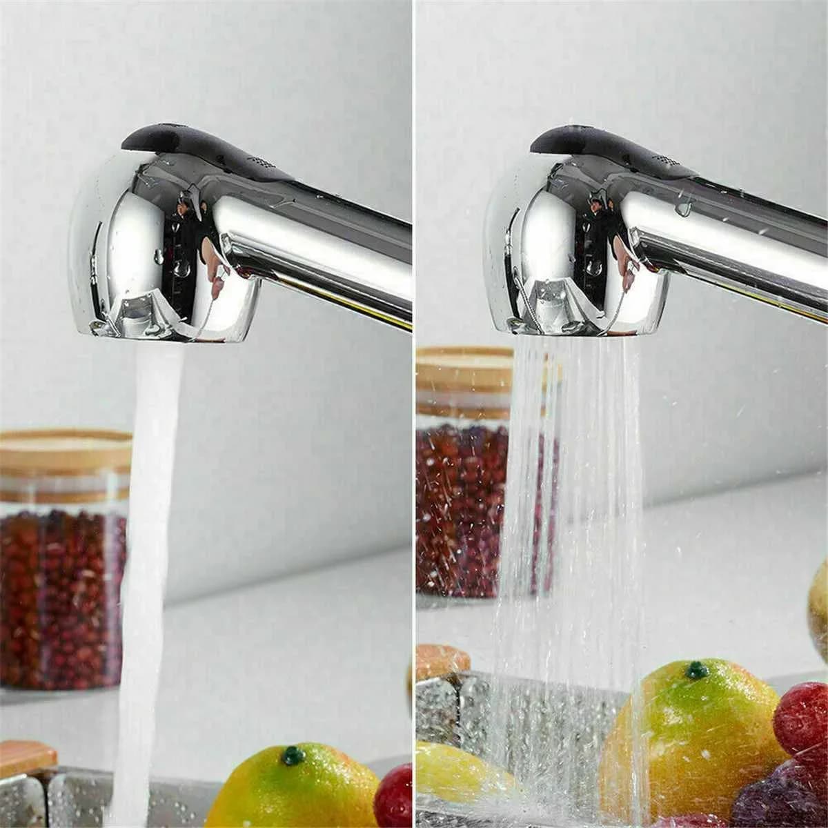 Hot Cold Tap Mixer Kitchen Faucet Silver Solid Brass Single Hole Pull Out Spout Stream Sprayer Head Kitchen Sink Mixer Tap