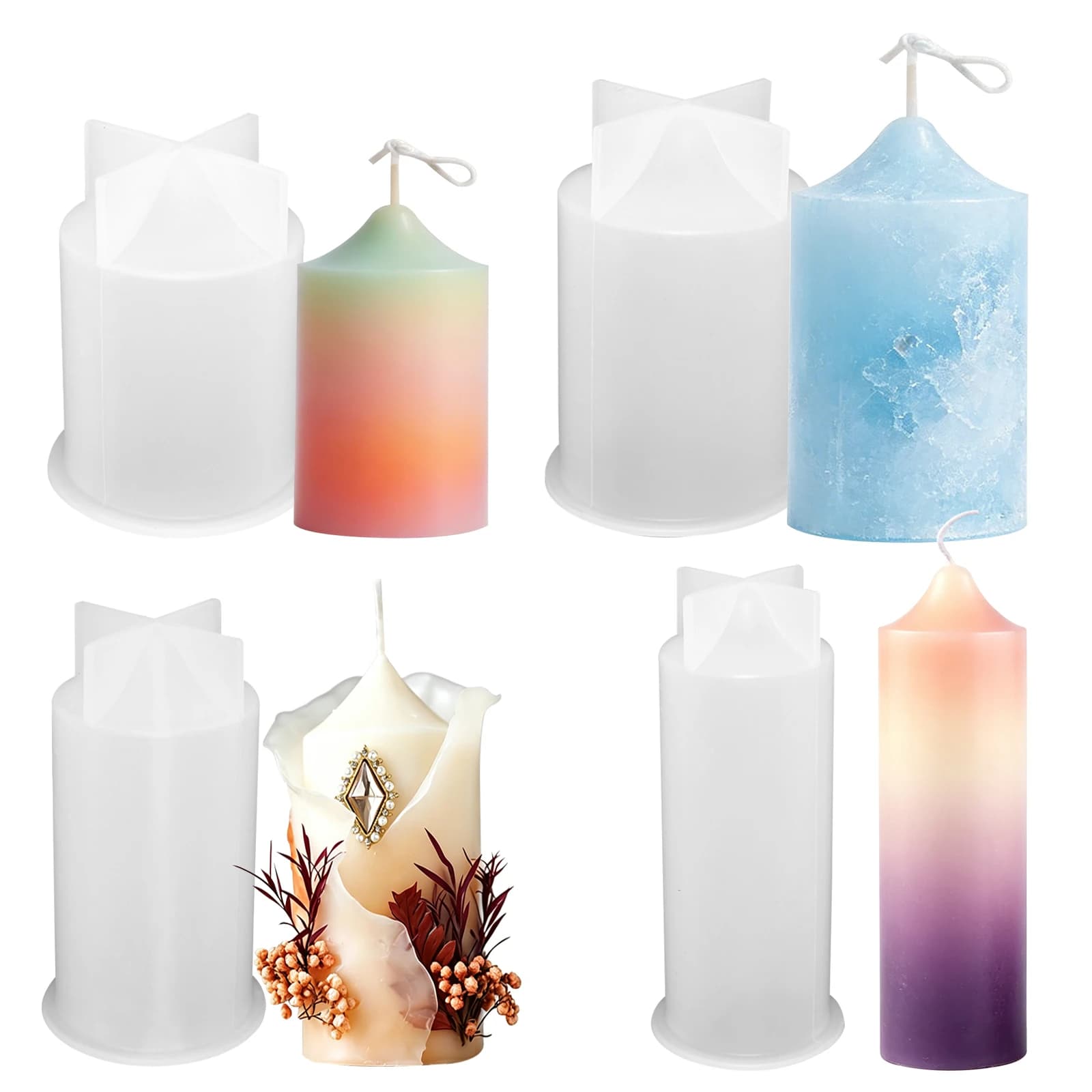 4 Pcs Cylinder Silicone Candle Molds, Pillar Candle Mold with Pointed Top, 4 Sizes Cylinder Resin Casting Mold