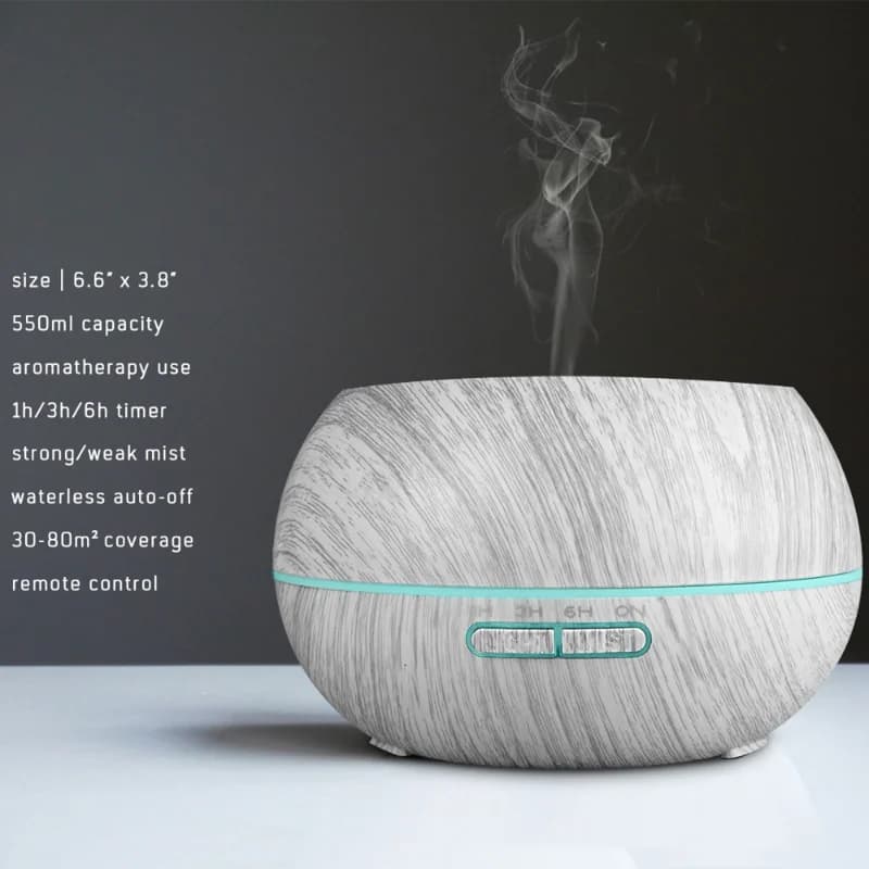 Diffusore ad ultrasuoni da 550 ml, design a venature del legno, telecomando, 7 luci d'atmosfera a LED, 6 oli essenziali, soluzione di benessere per famiglie