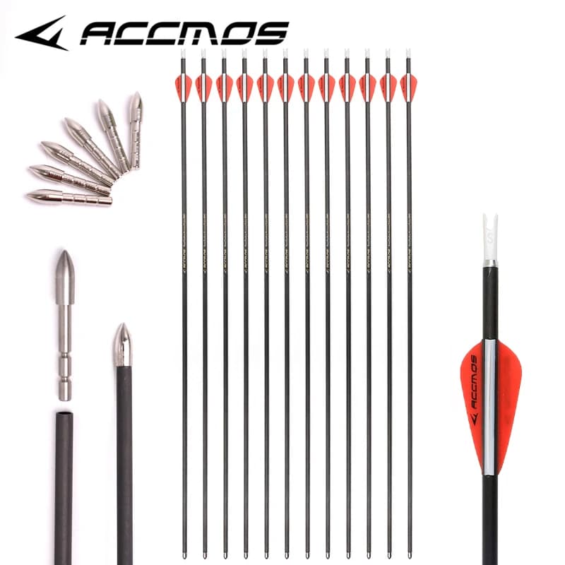 Set di 12 Frecce in Carbonio Puro ID4.2mm, Lunghezza 27/28/29/32 Pollici, Spine 600 700 800 900 1000 1100 1300 1500 1800, per Tiro con l'Arco e Caccia