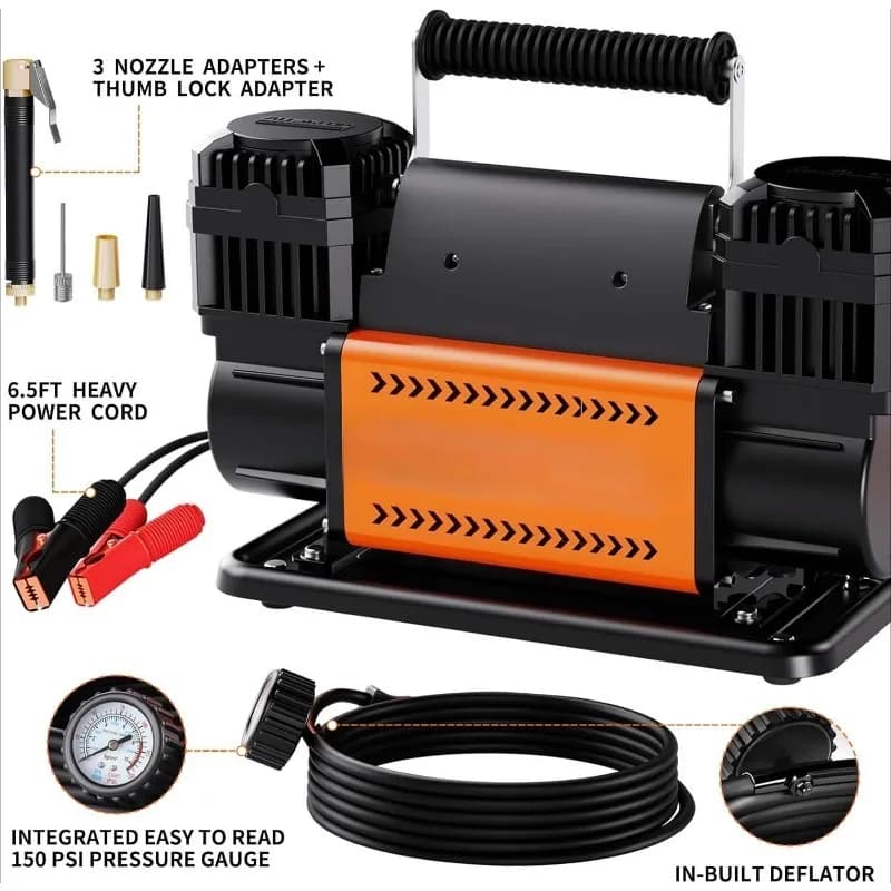 Kit compressore d'aria, gonfiatore portatile a doppio cilindro 12V 12,35 Ft3/Min, pompa compressore d'aria fuoristrada per pneumatici per camion