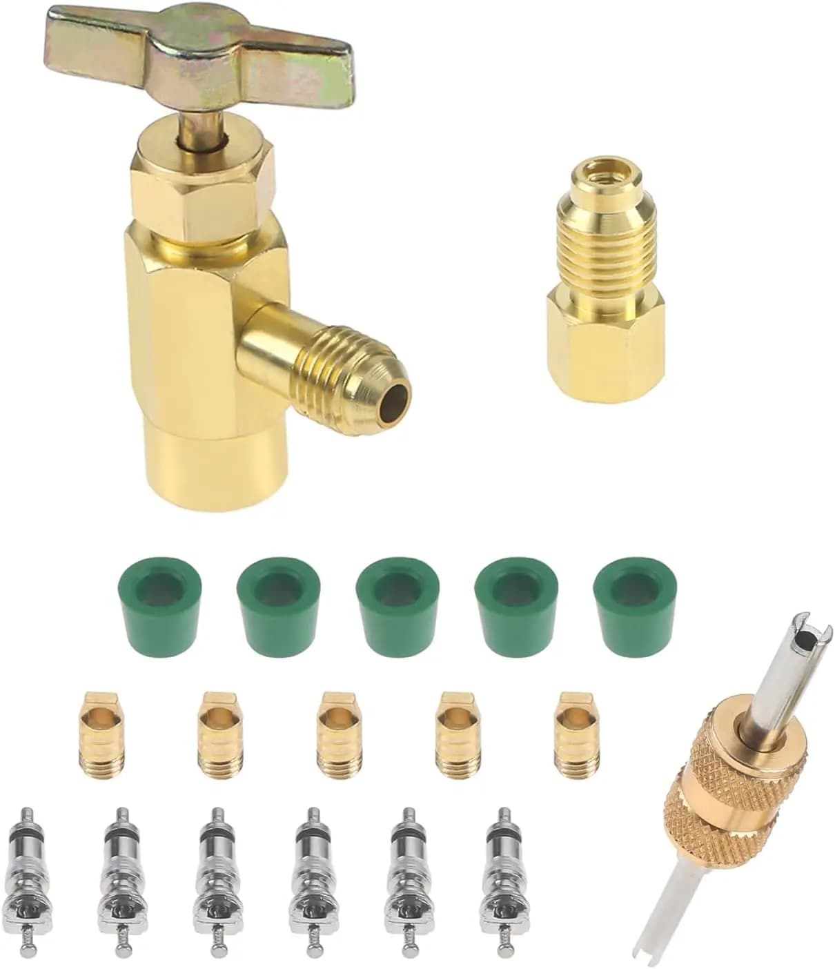 7/16" Female To 1/4" Male Brass Can Tap Adapter Kit for Use Upright Charging Self-Sealing and K-28 Compatible Refrigerant Cans