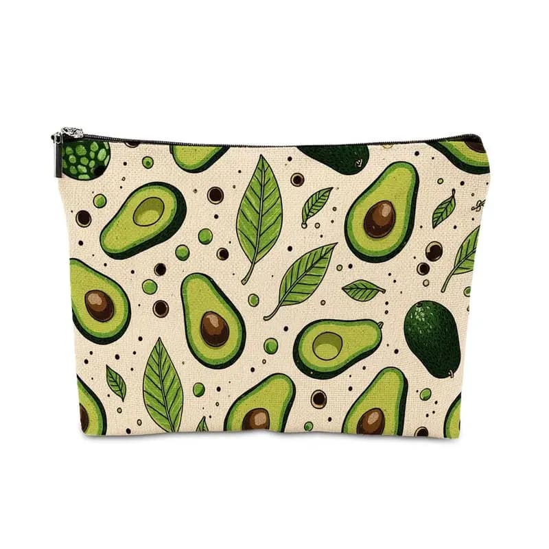 Borsa cosmetica a tema con design verde e marrone, dotata di chiusura e funziona come organizer compatto per articoli da toilette da viaggio