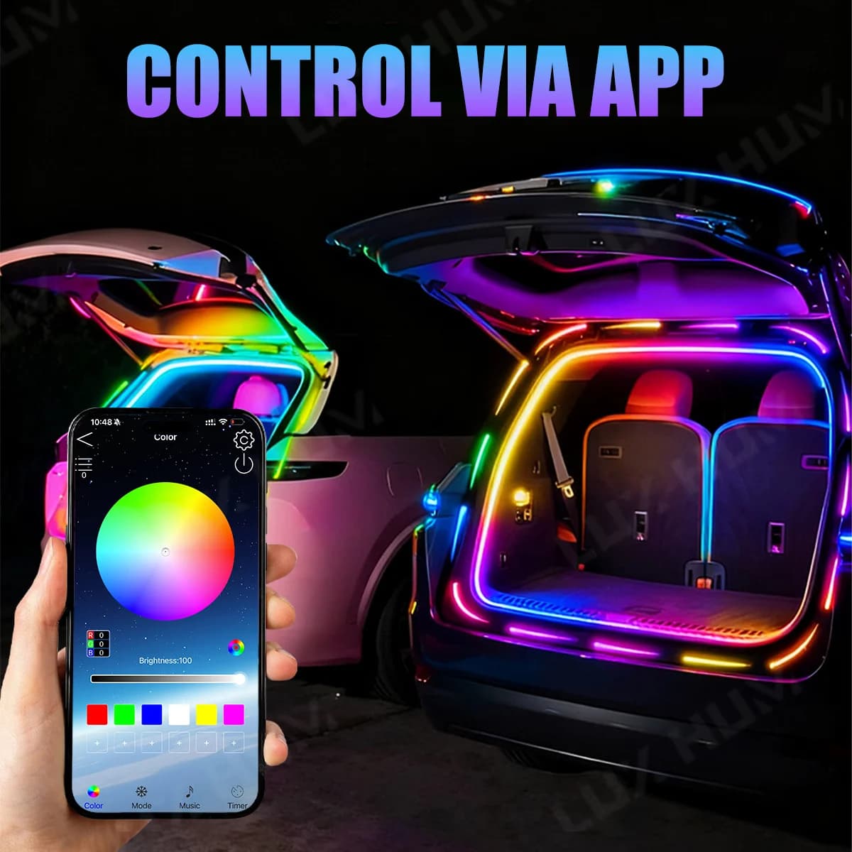 Striscia luminosa dinamica per bagagliaio di un'auto, controllo APP, luce ambientale al neon RGB per lampada d'atmosfera a LED per bagagliaio SUV universale per DC 12V