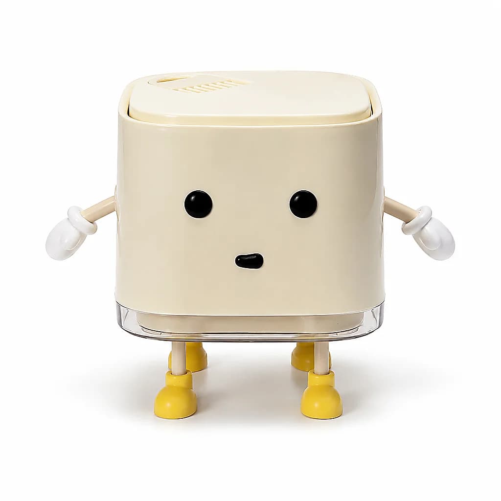 Decorative Standing Cartoon Desktop Trash Can with Removable Cleaning Brush, Small Lidded Table Garbage Bin for Bedroom, Dorm, Office Desk & Vanity