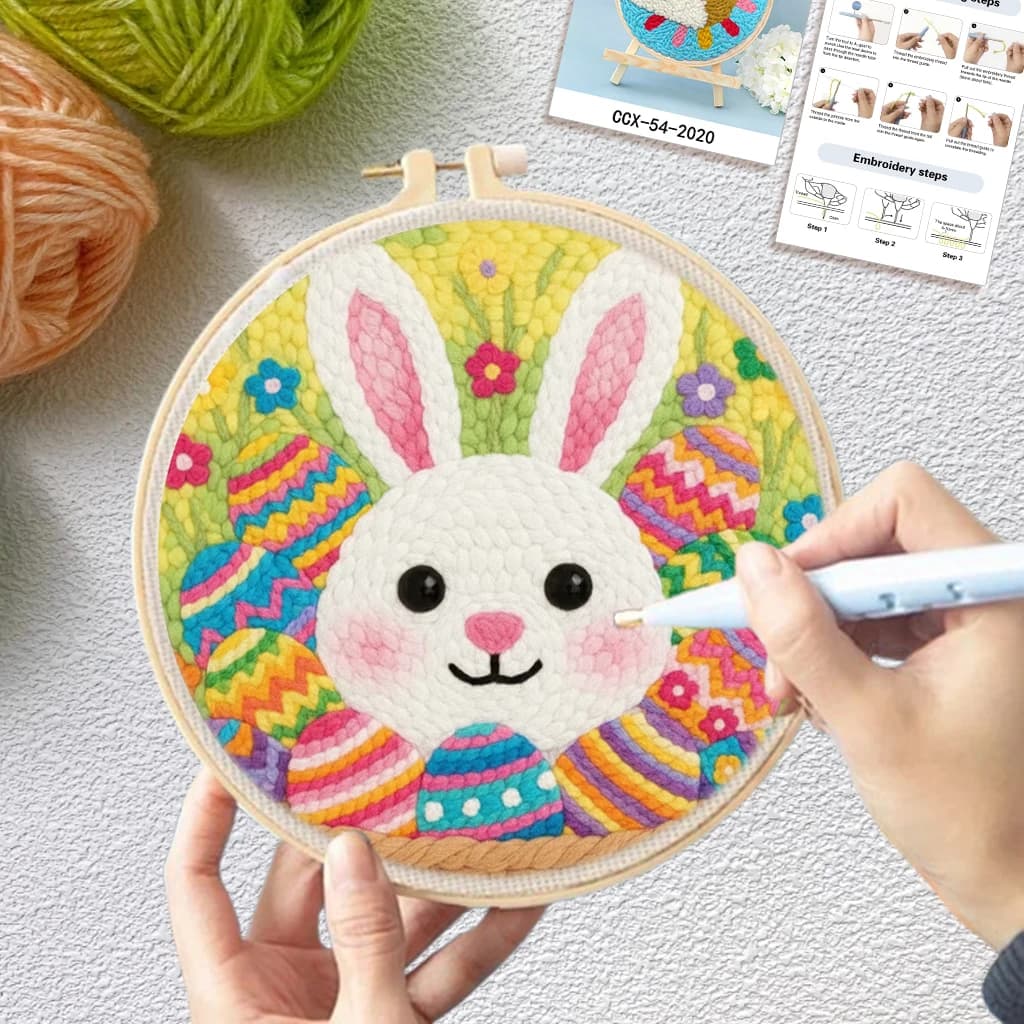 20x20cm DIY Punch Needle Kits for Beginners Cute Rabbit with Hoop Embroidery Punch Needle Starter Craft Set