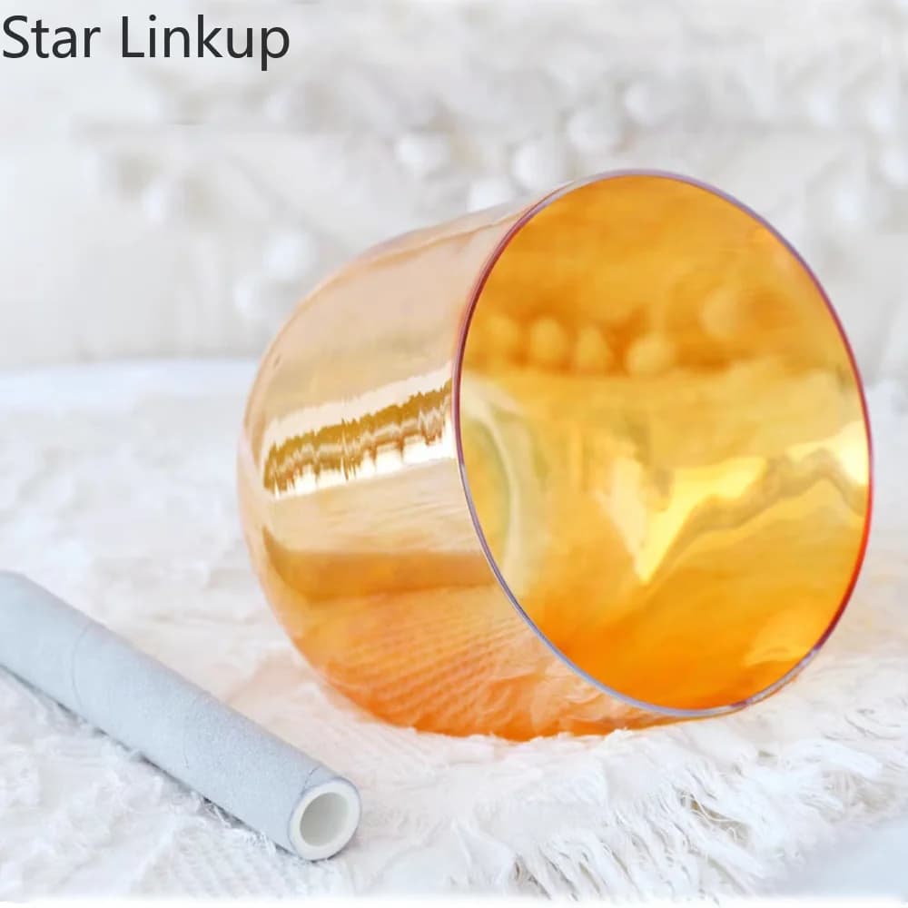 Star Linkup 6 Inch Transparent Orange Cosmic Light Quartz Crystal Singing Bowl, Produces soothing resonant vibrations to relieve anxiety, ease hypertension symptoms and release mental pressure
