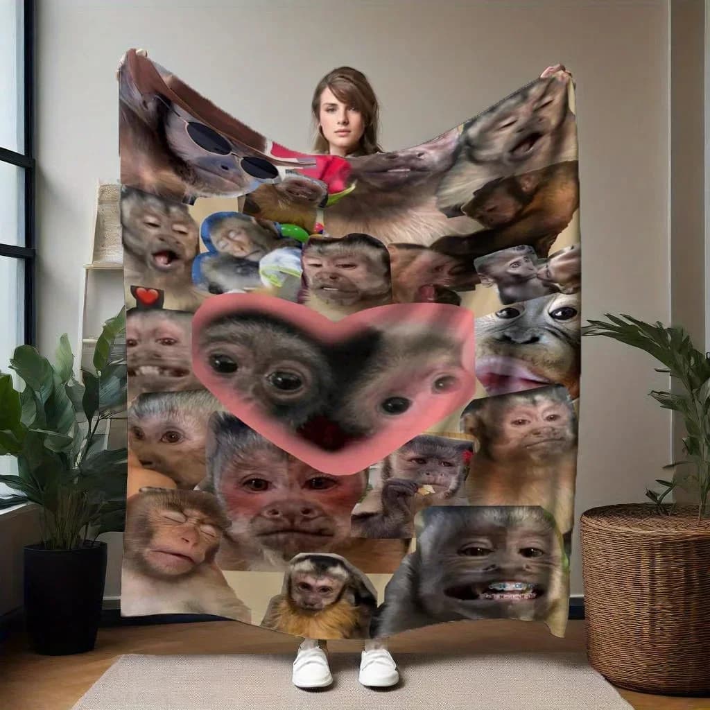 Coperta in flanella con collage di volti di scimmia, dimensioni multiple, stampa 2D, tema collage di scimmie, poliestere, per tutte le stagioni, divano letto, ufficio, regalo accogliente