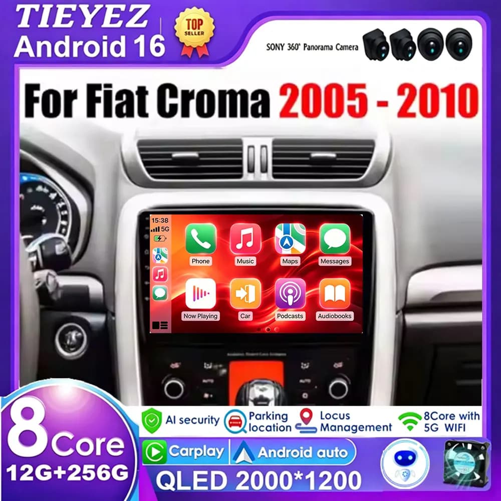 Carplay for Fiat Croma 2005-2010 Android 15 Auto Car Radio Multimedia Video Player with WiFi 4G Autoradio Navigation GPS Head Un