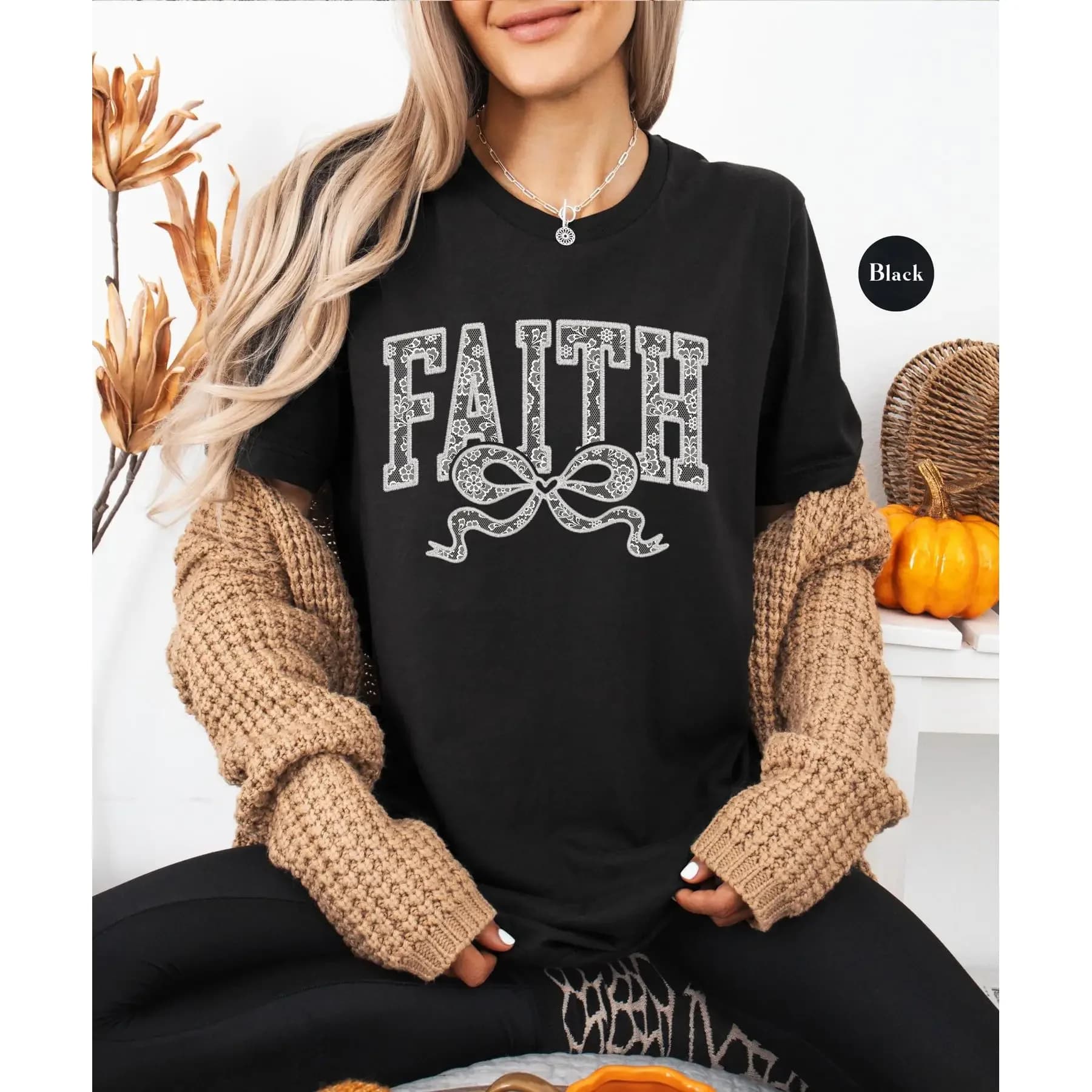 Maglietta con fiocco in pizzo finto fede SweaT Christian Jesus Lover Coquette Nastro pasquale ispiratore