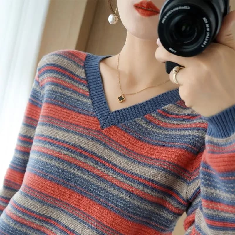 Autunno Inverno Moda elegante Arcobaleno Top in maglia Donna Tutti abbinati Maglieria casual Maglioni a righe a maniche lunghe Pullover spesso