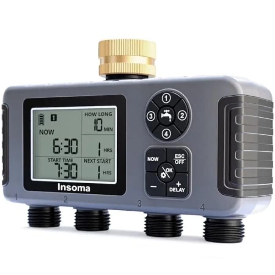 Timer per irrigazione a 4 zone con ingresso in ottone per sistema di irrigazione da giardino, timer automatico per tubo con funzione manuale/ritardo pioggia, ampio display, IPX5