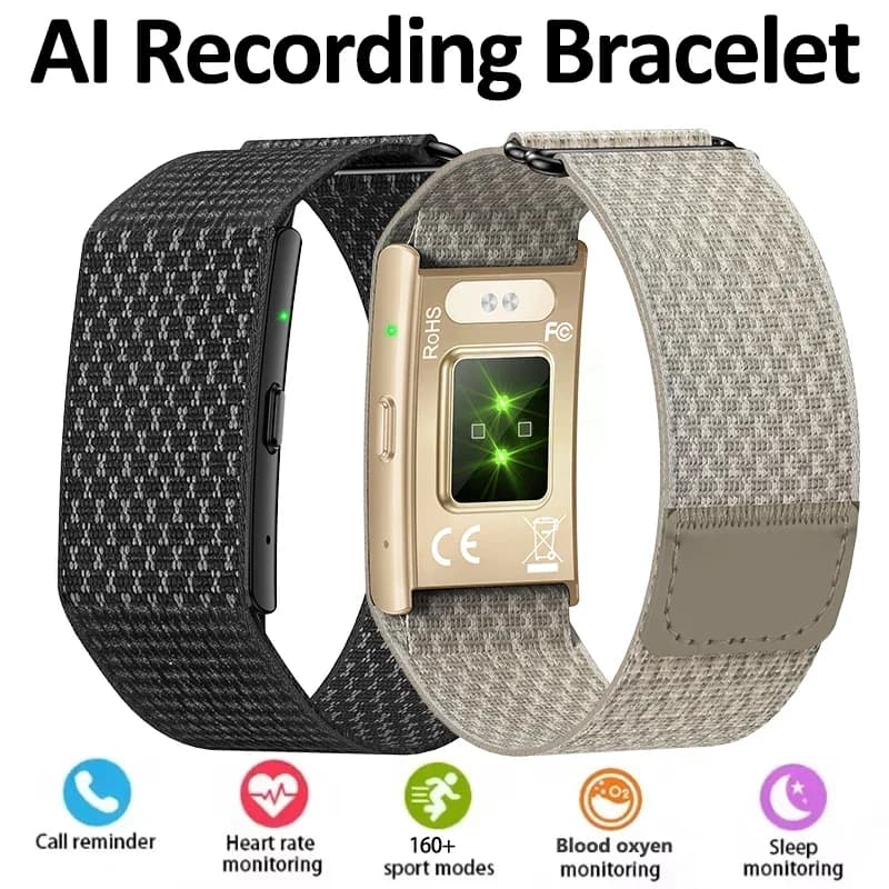AI Voice Recording Bracelet 1GB OneClick Recorder AI Meeting Transcription Heart Rate Sleep Monitoring Waterproof Smart Bracelet