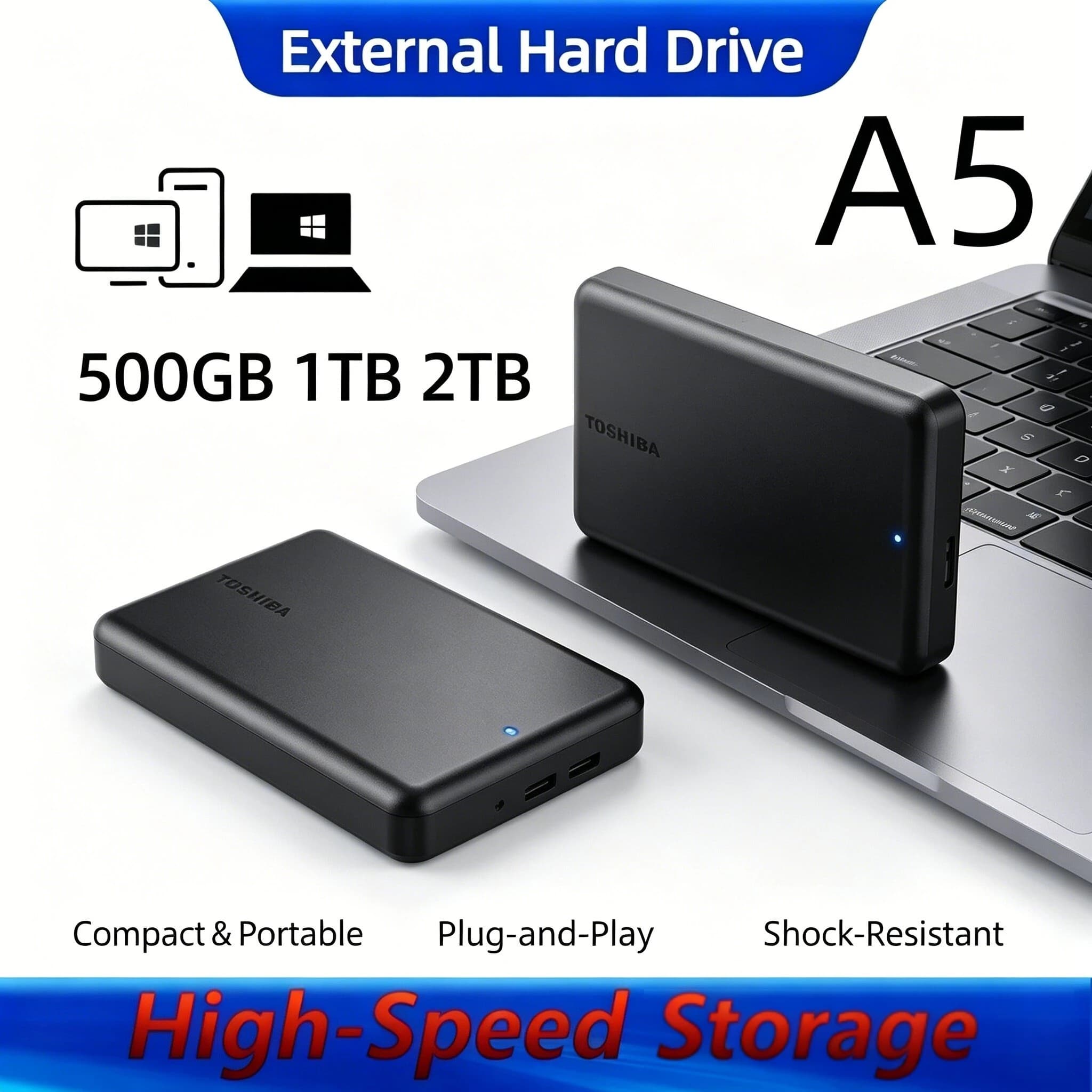 2026 Original Toshiba A5 Portable Hard Drive 500GB 1TB Black USB 3.2 Gen1 High Speed External HDD Compatible for Mac Windows