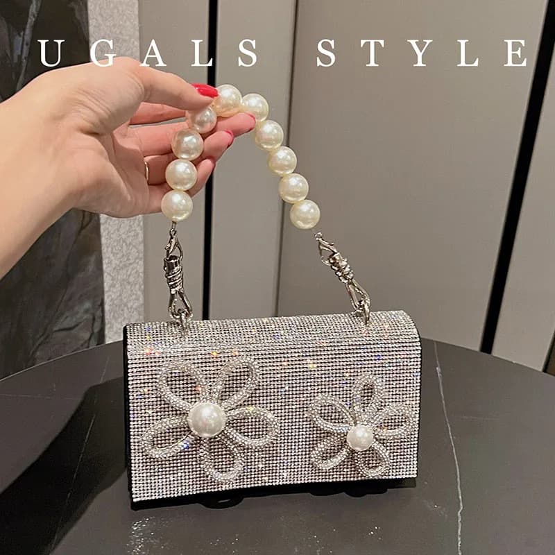 Luxury Fashion Pearl Beading Handle Women Handbag Shiny Rhinestones Diamond Evening Bag Wedding Party Clutch Purse Messenger Bag