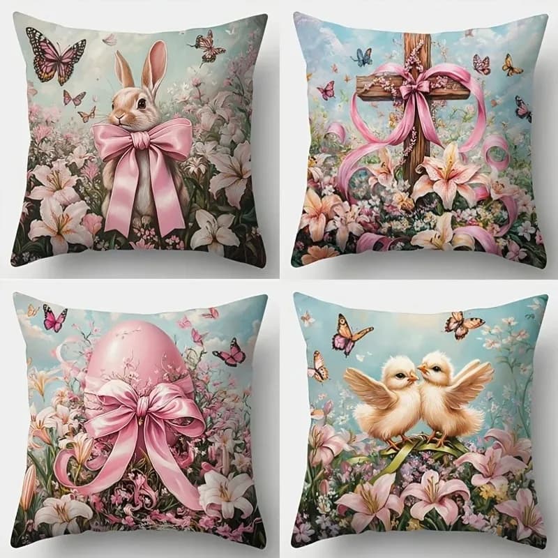Fodera per cuscino decorativa Pasqua 2026 con stampa coniglietto, uova e croce per divano, casa e feste