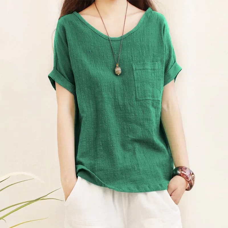 Camicetta di lino in cotone allentato verde Camicette oversize 5XL Donna Camicie estive 2025 Casual Manica corta O Collo Camicia solida Top da donna