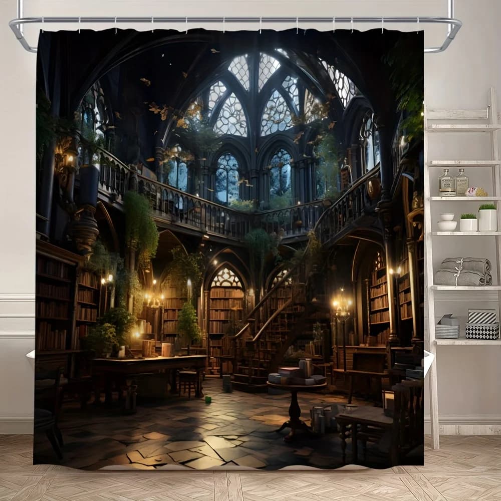 Tenda da doccia per biblioteca vintage gotica - Scala della mania medievale, tema castello europeo scuro, set da bagno in poliestere