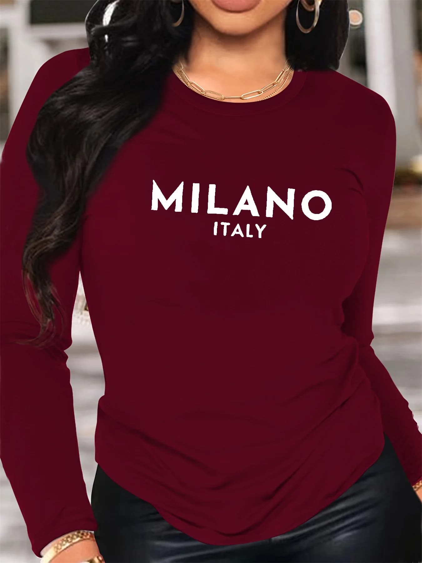 T-shirt girocollo stampata con motivo MILANO ITALIA a maniche lunghe casual comoda primavera e autunno da donna in puro cotone al 100%