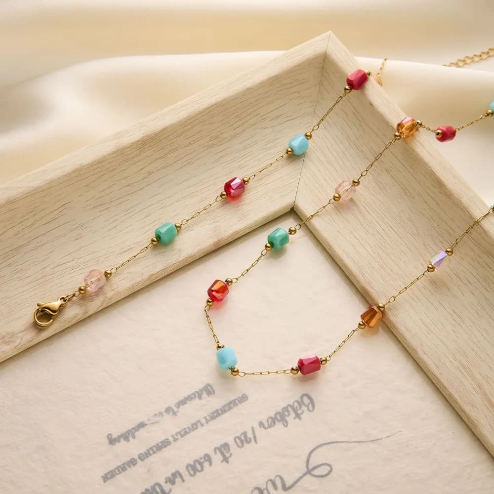 New Summer Dopamine Stainless Steel Natural Stone Mixed-color Crystal Necklace Bracelet Set for Women Non-fading Jewelry Set