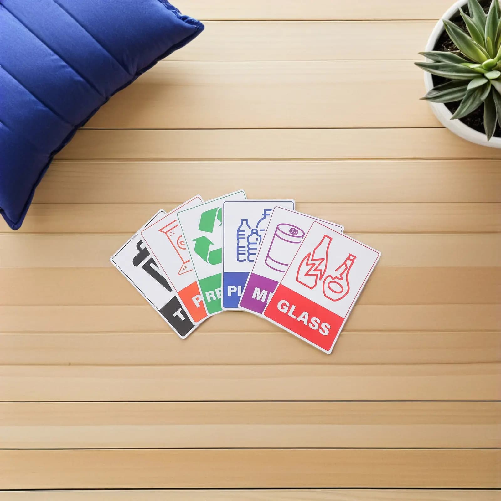 18 Sheet Rectangular Self Adhesive Recycling Stickers for Trash Cans Waterproof PVC Garbage Bin Labels Glass Plastic Metal Paper