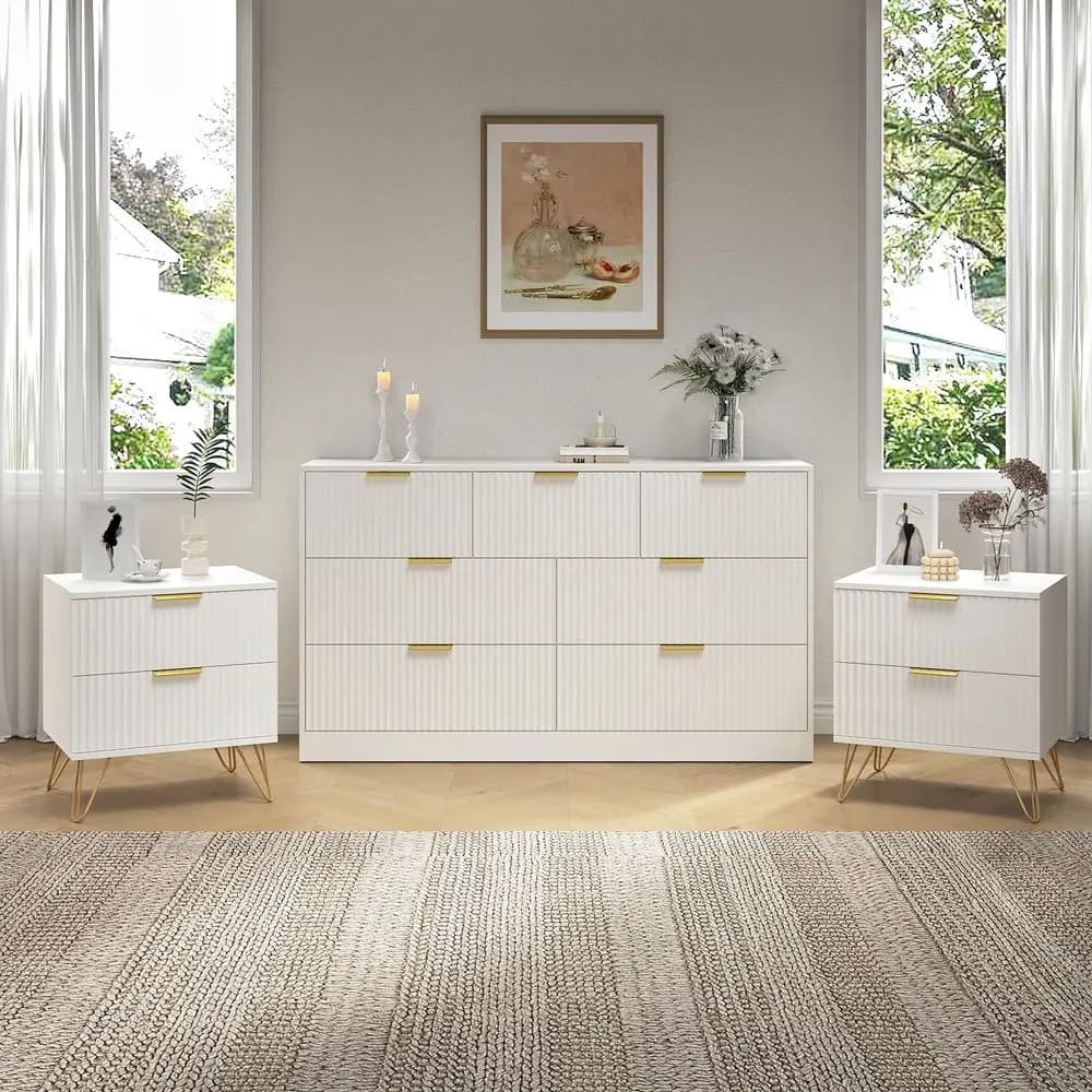 Drawer Dresser and Nightstand Sets, 3 Pcs Bedroom Set for Bedroom, Fluted Night Stand Set of 2 amp 55 Wide Dresser w Gold Handl
