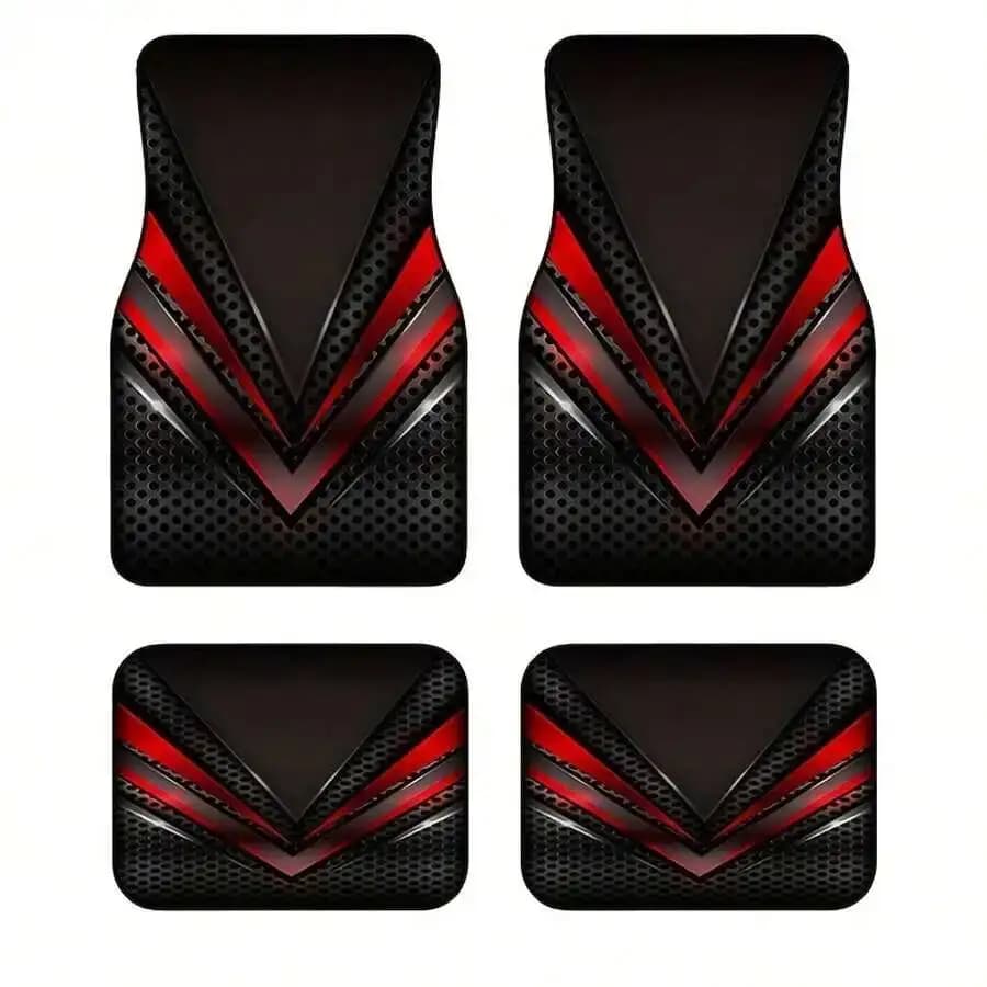 4pcs Black Red Metallic Geometric Sporty Car Floor Mats Universal Non-Slip Wear Resistant For Cars Trucks SUVs