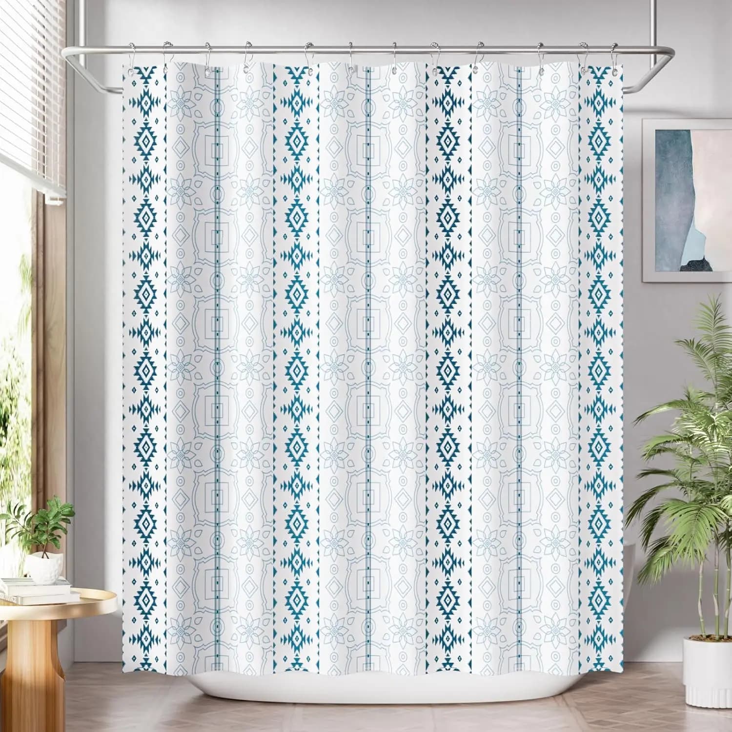 Waterproof Polyester Shower Curtain Blue White Geometric Pattern Boho Bathroom Decor Modern Tribal Design Home Accent for Shower