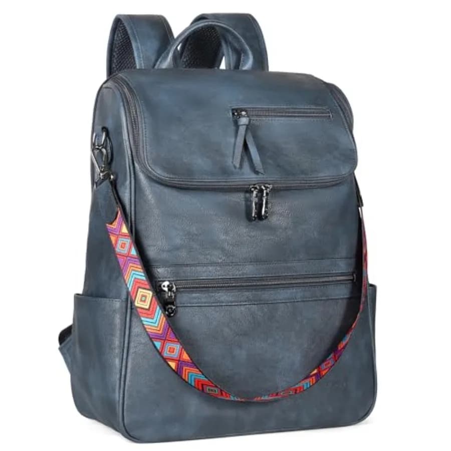 Zaino per Laptop da Donna in Pelle, Zaino da Viaggio con Scomparto per Laptop, Borsa a Spalla Designer in PU Blu