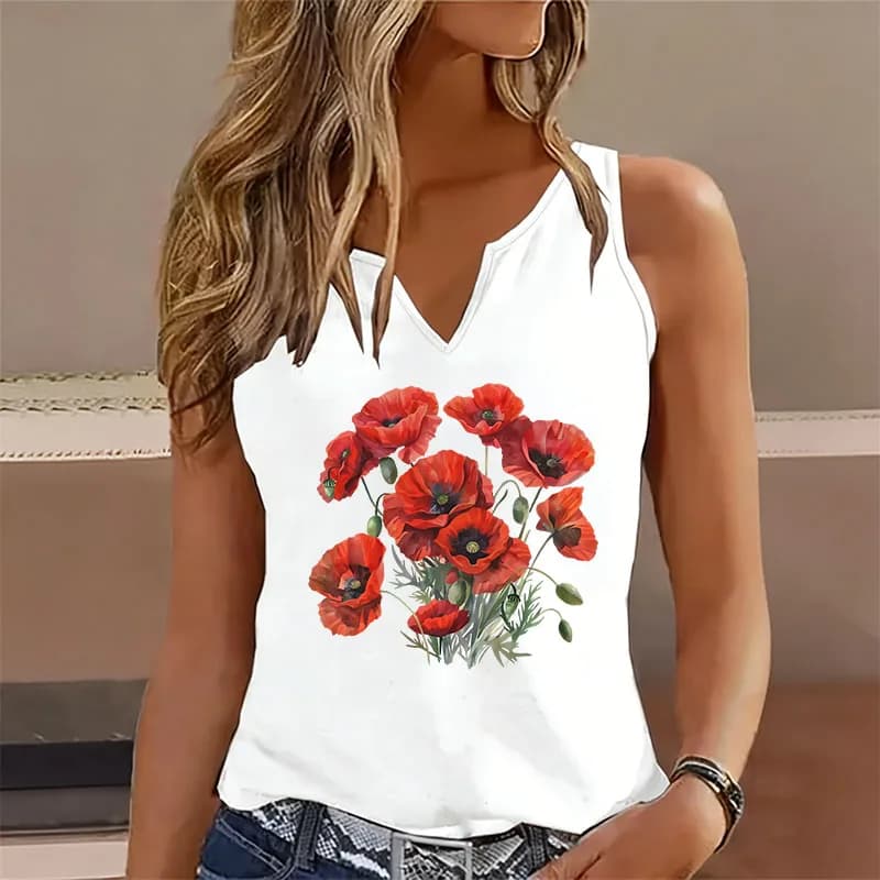 T-shirt Floreale Vintage con Scollo a V, Top Senza Maniche Casual alla Moda Y2k, Maglietta da Donna Stile Harajuku